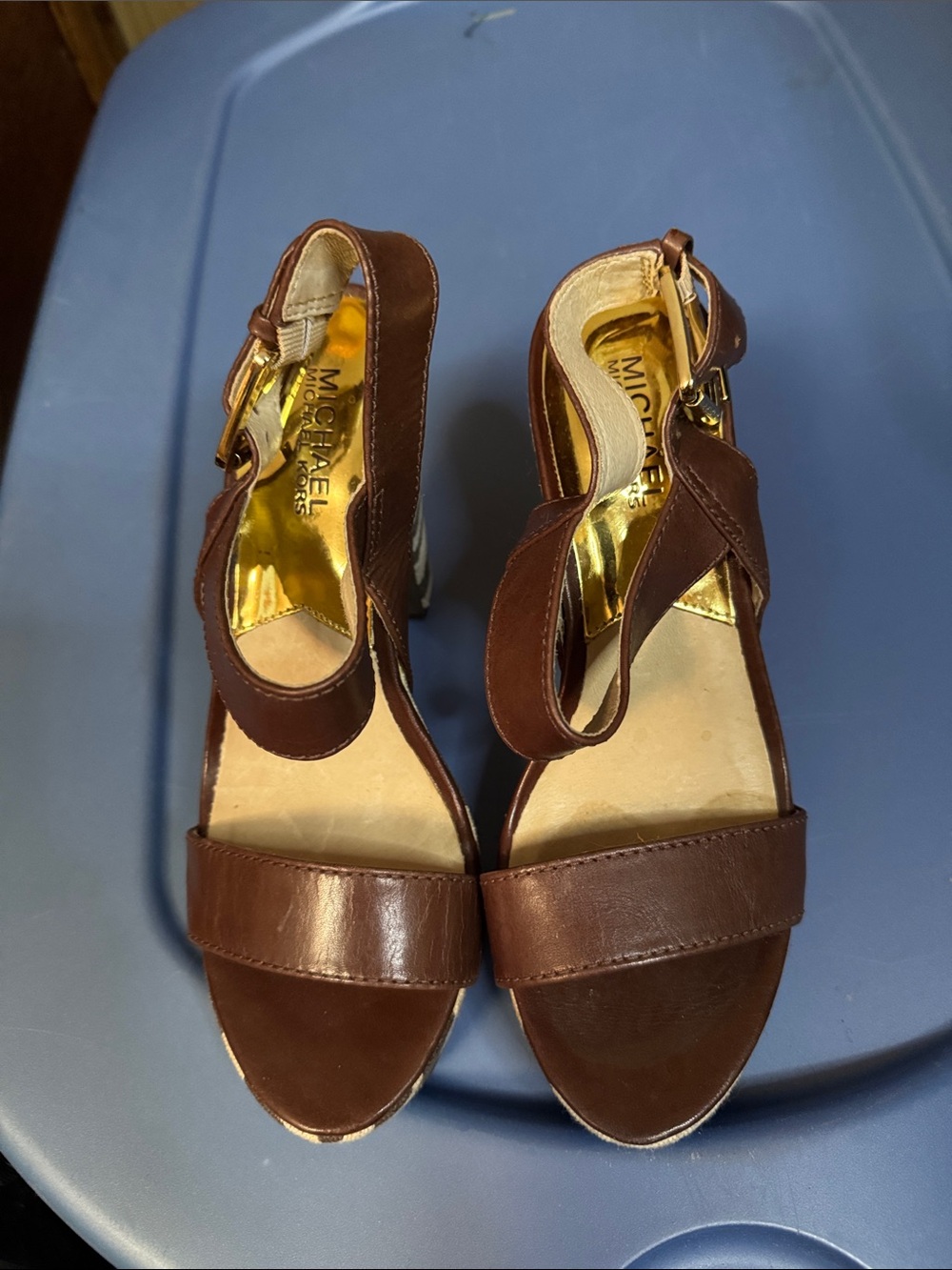 Michael Kors Brown Leather Block Heel Sandals